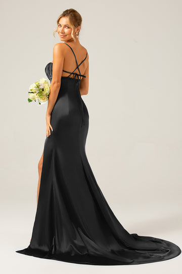 Black Mermaid Spaghetti Straps Satin Pleated Ball Dress